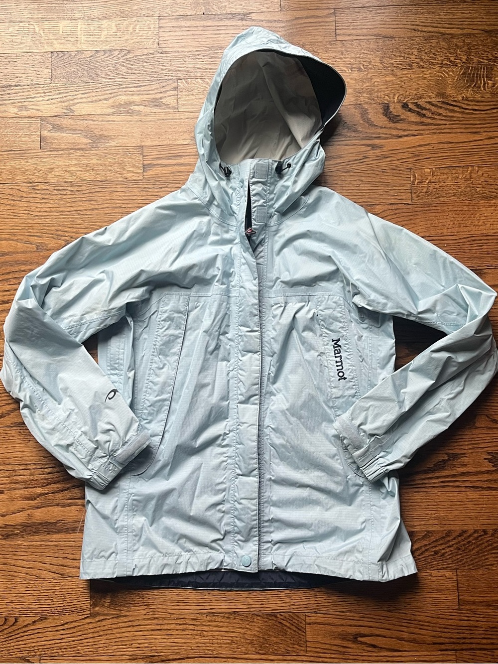 Marmot PreCip Womens Ice Pale Blue Hooded Full Zip Rain Coat Jacket Size S FAIR.